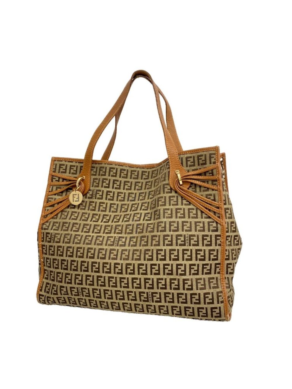 Fendi Tote Bag Zucchino Nylon Canvas Brown Gold
